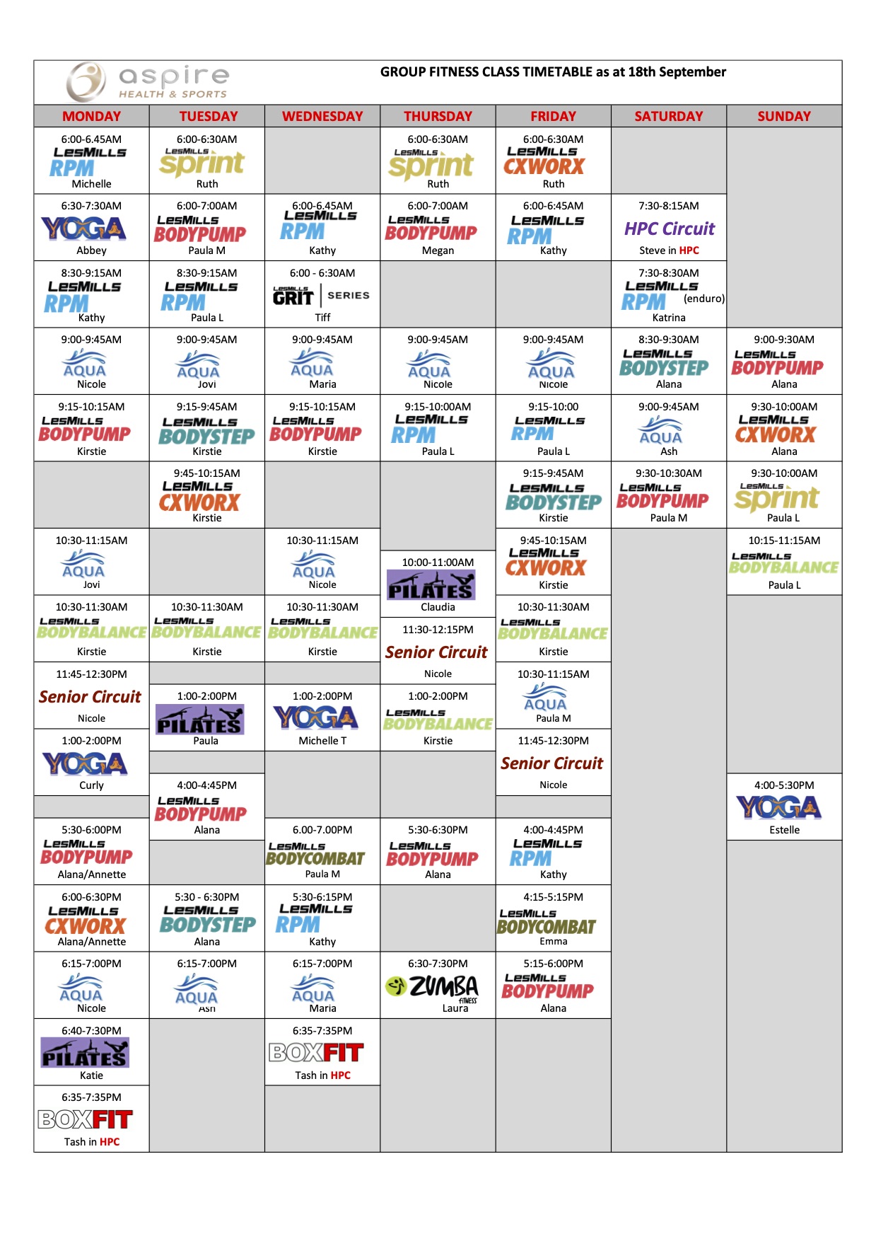 Group Fitness Timetable