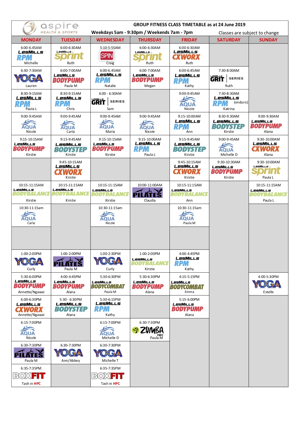 Group Fitness Timetable