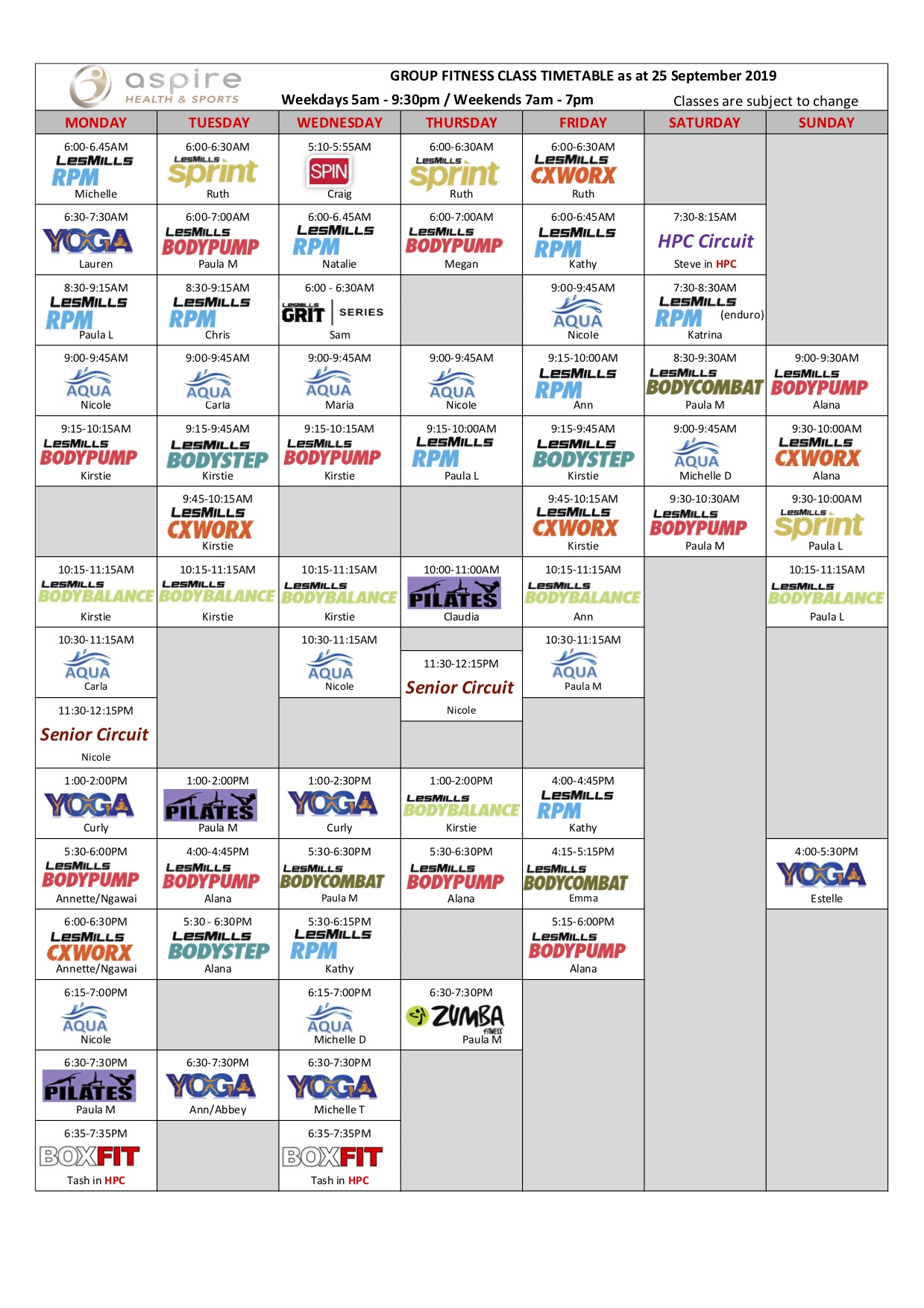 Group Fitness Timetable